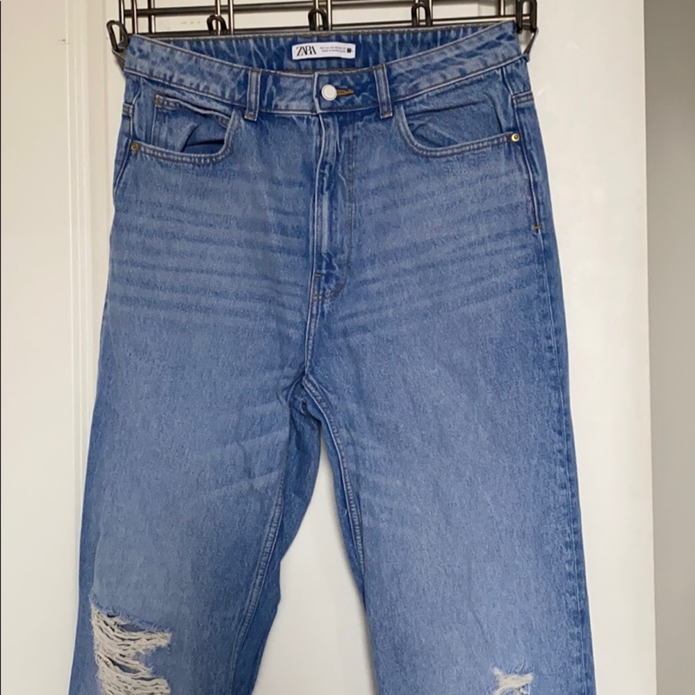 HIGH WAIST WIDE LEGS RIPPED BLUE JEAN